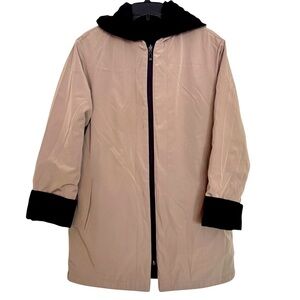 Talbots Size M Tan/Black Quilted Hooded Reversible Jacket Contrast Cuffs Pockets